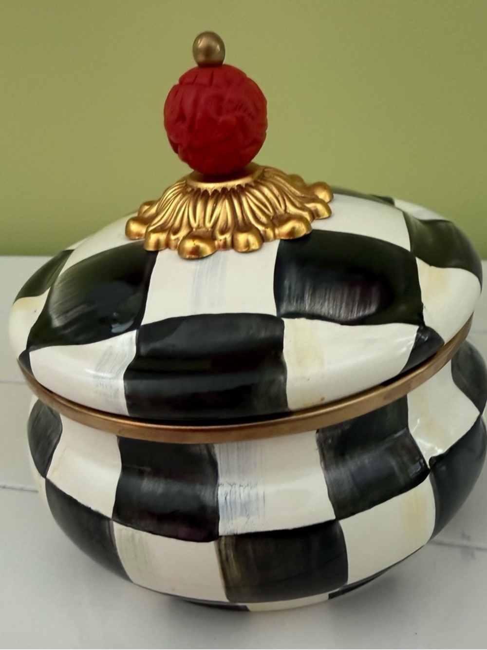 MacKenzie-Childs Black & White Check Lidded Jar with Gold Trim and Red Finial